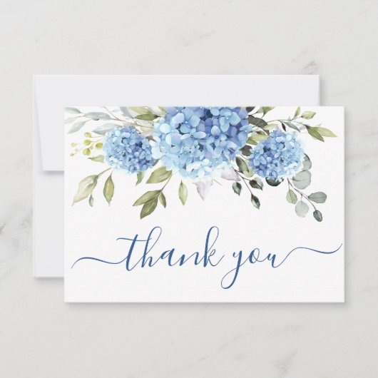 Carte De Remerciements Elégante Hydrangée Bleue Eucalyptus Fleurs Simple (Devant)