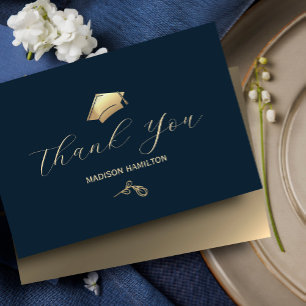 Carte De Remerciements Élégante Marine Bleu et Gold Graduation Party