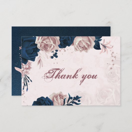 Carte De Remerciements élégante marine et poussiéreuse fleurs roses botan (Devant / Derrière)