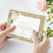 Carte De Remerciements Elégante Parties scintillant or Fleurs blanches Fe