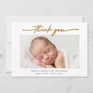 Carte De Remerciements Élégante photo de bébé en écriture dorée