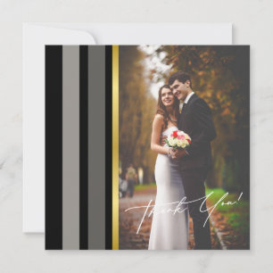 Carte De Remerciements Élégante photo de mariage carrée noire grise dorée