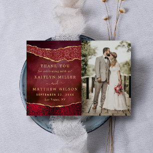 Carte De Remerciements Élégante photo de mariage en burgundy et agate dor