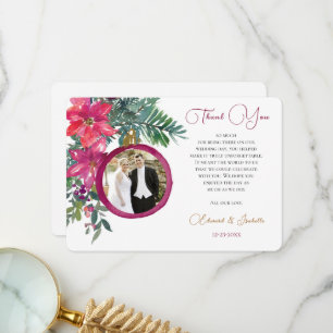 Carte De Remerciements Élégante photo de mariage florale de Noël au poins