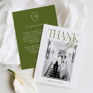 Carte De Remerciements Élégante Photo De Mariage Moderne Vert Olive