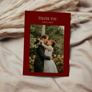 Carte De Remerciements Élégante Photo de Mariage Rouge Vin Écriture Class