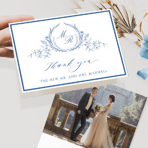 Carte De Remerciements Élégante Photo, Monogramme Classique Bleu Mariage
