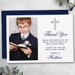 Carte De Remerciements Élégante Première Sainte Communion Photo Bleu<br><div class="desc">Élégant premier Carte de remerciements de communion avec Croix d'argent. Photo Avant. Script bleu marine.</div>