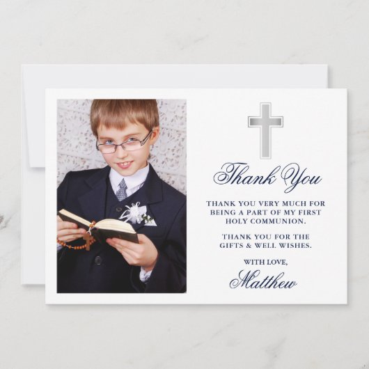 Carte De Remerciements Élégante Première Sainte Communion Photo Bleu Stri (Devant)