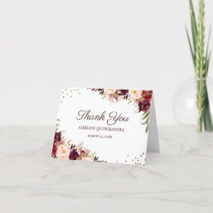 Carte De Remerciements Élégante Quinceanera Florale Or Bourgogne
