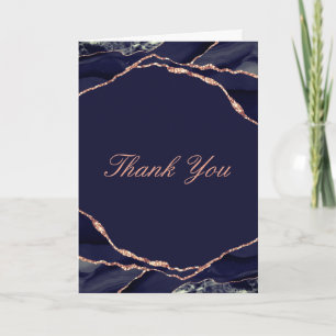 Carte De Remerciements Élégante Rose en or Navy Photo de mariage en agate
