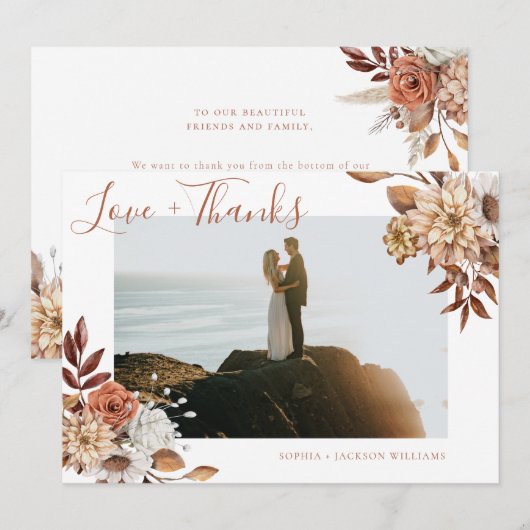 Carte De Remerciements Élégante Terracotta Floral Script Photo (Devant / Derrière)