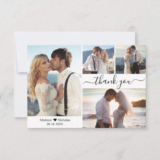 Carte De Remerciements Élégante typographie Script 4 Photo Collage Mariag (Devant)