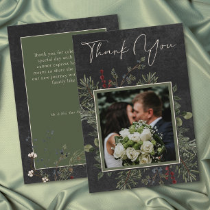 Carte De Remerciements Élégantes Baies d'Hiver & Pin Mariage Noir