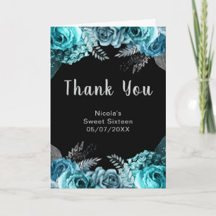 Carte De Remerciements Élégantes fleurs bleu sarcelle et argent pour un S