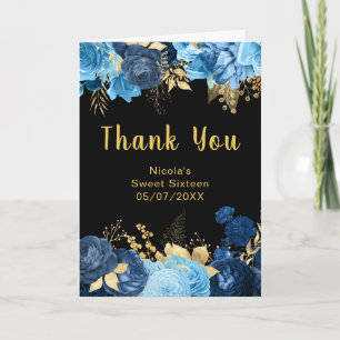 Carte De Remerciements Élégantes fleurs bleues et dorées Sweet Sixteen