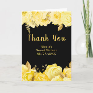 Carte De Remerciements Élégantes Fleurs Jaunes et Dorées Sweet Sixteen