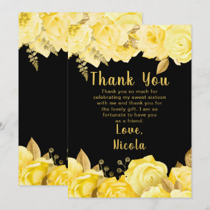 Carte De Remerciements Élégantes Fleurs Jaunes et Dorées Sweet Sixteen