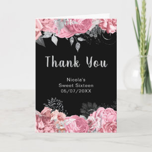 Carte De Remerciements Élégantes Fleurs Roses et Argentes Sweet Sixteen