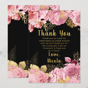 Carte De Remerciements Élégantes fleurs roses et dorées Sweet Sixteen