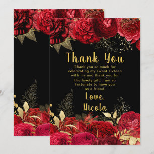Carte De Remerciements Élégantes Fleurs Rouges et Dorées Sweet Sixteen