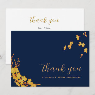 Carte De Remerciements Élégantes Fleurs Simples Or Bleu Marine