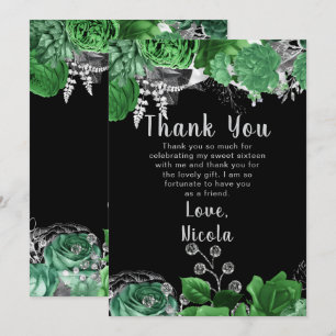 Carte De Remerciements Élégantes fleurs vertes et argent pour Sweet Sixte