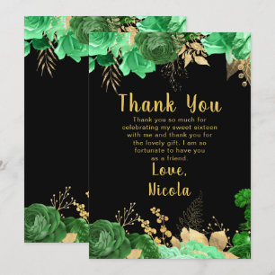 Carte De Remerciements Élégantes fleurs vertes et dorées Sweet Sixteen