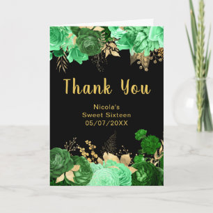 Carte De Remerciements Élégantes fleurs vertes et dorées Sweet Sixteen