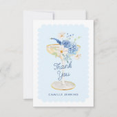 Carte De Remerciements Élégantes Pétales Bleues et Prosecco pour une Baby (Devant)
