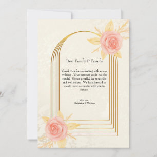 Carte De Remerciements Élégantes Roses Crème Cadre Doré Luxe Mariage