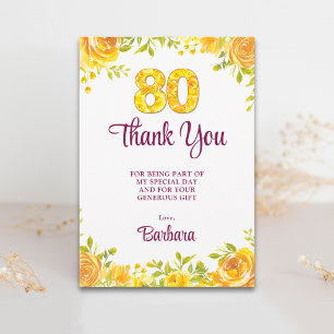 Carte De Remerciements Élégantes roses jaunes florales pour 80e anniversa