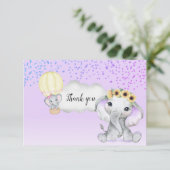 Carte De Remerciements Eléphant à air chaud ballon Baby shower violet (Debout devant)