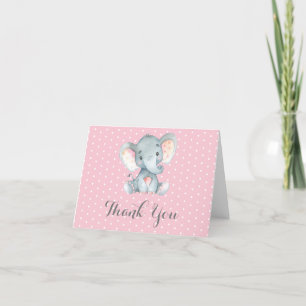 Carte De Remerciements Éléphant Bébé Fille Mignonne Rose et Gris