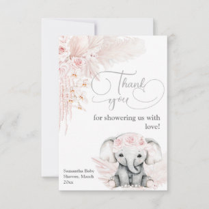 Carte De Remerciements Elephant Blash Baby shower Boho Rose Fleur