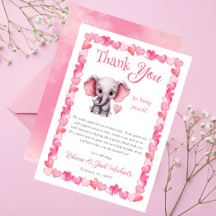 Carte De Remerciements Elephant Coeurs roses Baby shower fille