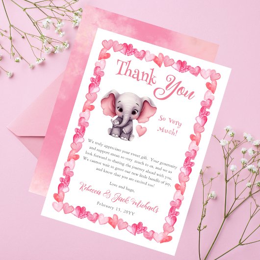 Carte De Remerciements Elephant Coeurs roses Baby shower fille