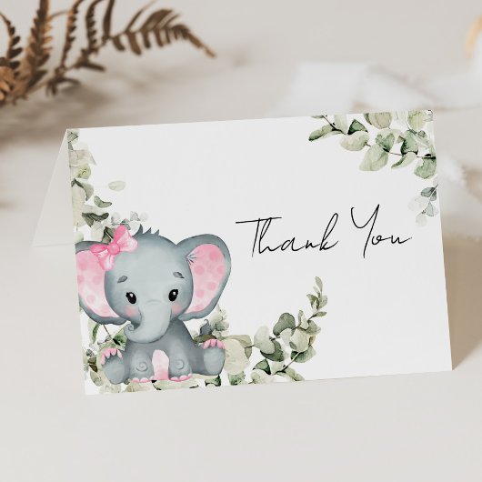 Carte De Remerciements Eléphant fille Baby shower rose
