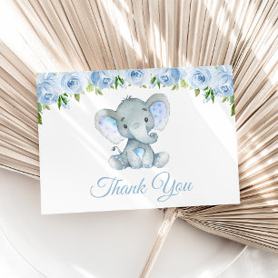 Carte De Remerciements Eléphant, Fleurs d'aquarelle bleue, Baby shower