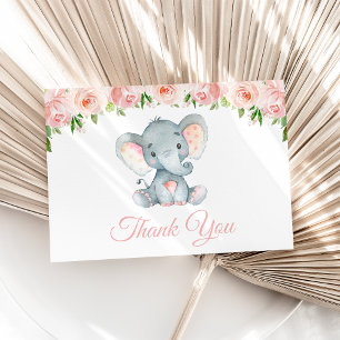 Carte De Remerciements Eléphant, Fleurs d'aquarelle rose, Baby shower