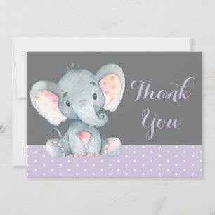 Carte De Remerciements Éléphant Mignon Bébé Fille Violet et Gris