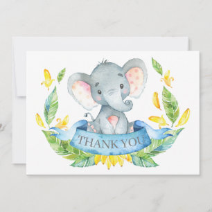 Carte De Remerciements Éléphant Mignon Bébé Garçon Bleu et Gris