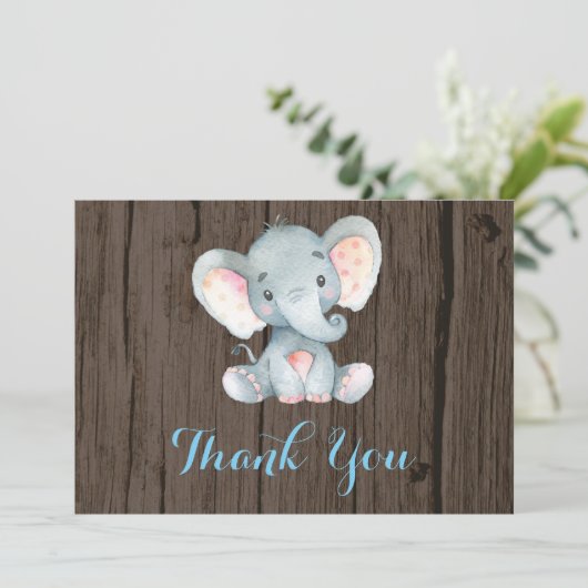 Carte De Remerciements Éléphant Mignon Bébé Garçon Bleu et Gris (Debout devant)