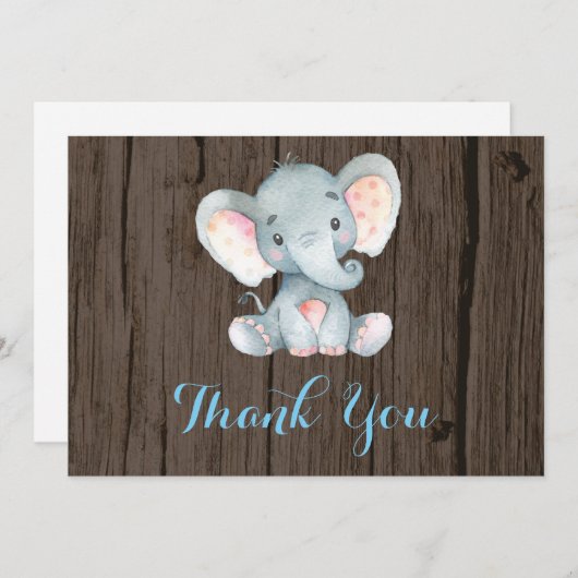 Carte De Remerciements Éléphant Mignon Bébé Garçon Bleu et Gris (Devant / Derrière)