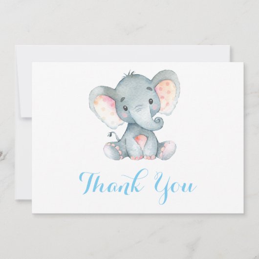 Carte De Remerciements Éléphant Mignon Bébé Garçon Bleu et Gris (Devant)