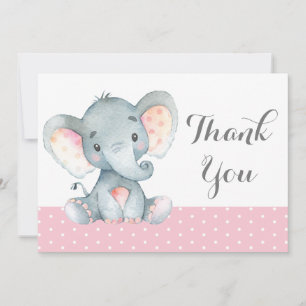 Carte De Remerciements Eléphant mignon fille bébé rose et gris