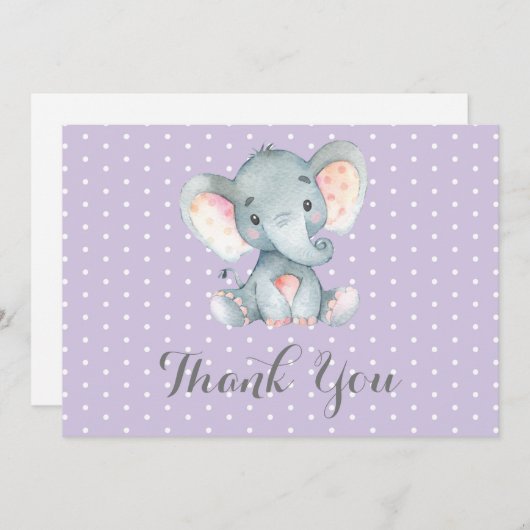 Carte De Remerciements Eléphant mignon fille pourpre et gris (Devant / Derrière)