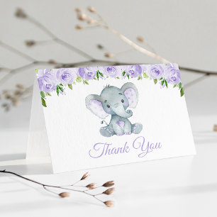 Carte De Remerciements Eléphant mignon, Fleurs pourpres, Premier Annivers