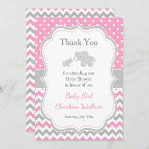 Carte De Remerciements Eléphant rose et gris Baby shower