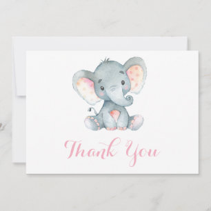 Carte De Remerciements Éléphanteau Mignon Fille Rose et Gris